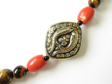 Load image into Gallery viewer, Nepalese Brass Elephant with Coral & Tigereye Necklace
