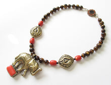 Load image into Gallery viewer, Nepalese Brass Elephant with Coral & Tigereye Necklace