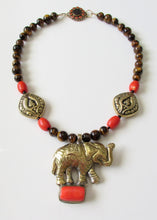 Load image into Gallery viewer, Nepalese Brass Elephant with Coral & Tigereye Necklace