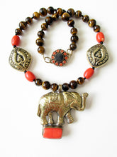 Load image into Gallery viewer, Nepalese Brass Elephant with Coral & Tigereye Necklace
