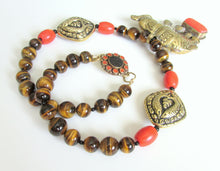 Load image into Gallery viewer, Nepalese Brass Elephant with Coral & Tigereye Necklace