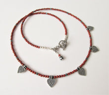 Load image into Gallery viewer, Red Jasper Five Bali Silver Heart Necklace