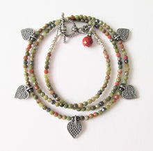 Load image into Gallery viewer, Unakite Five Bali Silver Heart Necklace