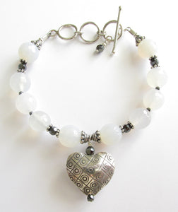 White Chalcedony Thai Silver Heart Bracelet