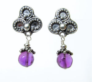 Amethyst Balinese Silver Clover Post Earrings