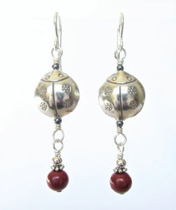 Thai Silver Ladybug Earrings with Red Jasper