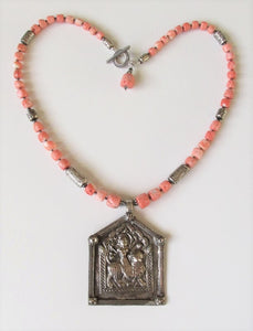 Natural Coral Durga Amulet Necklace