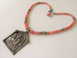 Natural Coral Durga Amulet Necklace