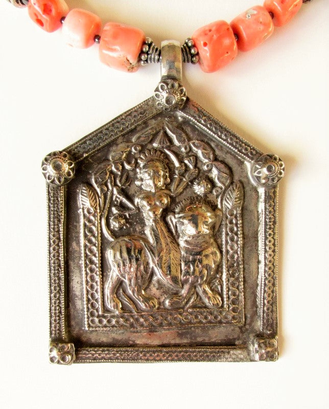 Natural Coral Durga Amulet Necklace