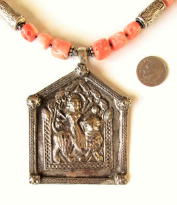 Natural Coral Durga Amulet Necklace