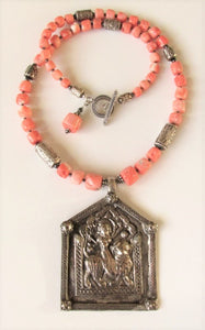 Natural Coral Durga Amulet Necklace