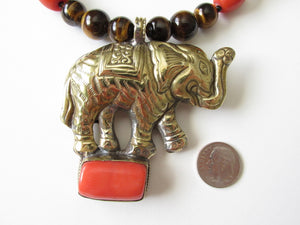 Nepalese Brass Elephant with Coral & Tigereye Necklace