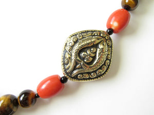 Nepalese Brass Elephant with Coral & Tigereye Necklace
