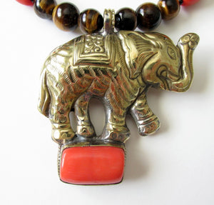 Nepalese Brass Elephant with Coral & Tigereye Necklace