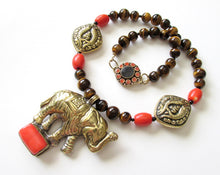 Load image into Gallery viewer, Nepalese Brass Elephant with Coral &amp; Tigereye Necklace

