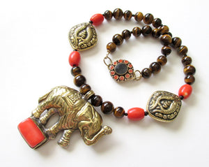 Nepalese Brass Elephant with Coral & Tigereye Necklace