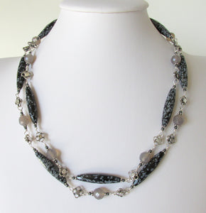 Snowflake Obsidian & Grey Chalcedony 35" Quatrefoil Necklace
