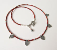 Load image into Gallery viewer, Red Jasper Five Bali Silver Heart Necklace
