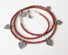 Load image into Gallery viewer, Red Jasper Five Bali Silver Heart Necklace
