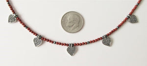 Red Jasper Five Bali Silver Heart Necklace