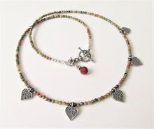 Load image into Gallery viewer, Unakite Five Bali Silver Heart Necklace

