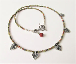 Unakite Five Bali Silver Heart Necklace