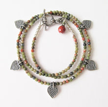 Load image into Gallery viewer, Unakite Five Bali Silver Heart Necklace
