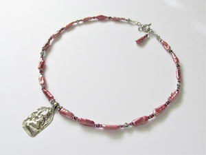 Pink Pearl & Garnet Lakshmi Silver Amulet Necklace