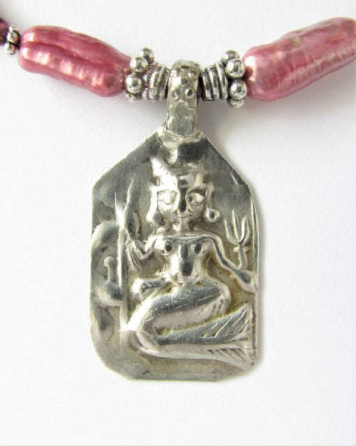 Pink Pearl & Garnet Lakshmi Silver Amulet Necklace