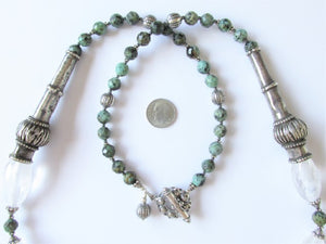 Rock Crystal Quartz, African Turquoise and Vintage Indian Tribal Silver Necklace